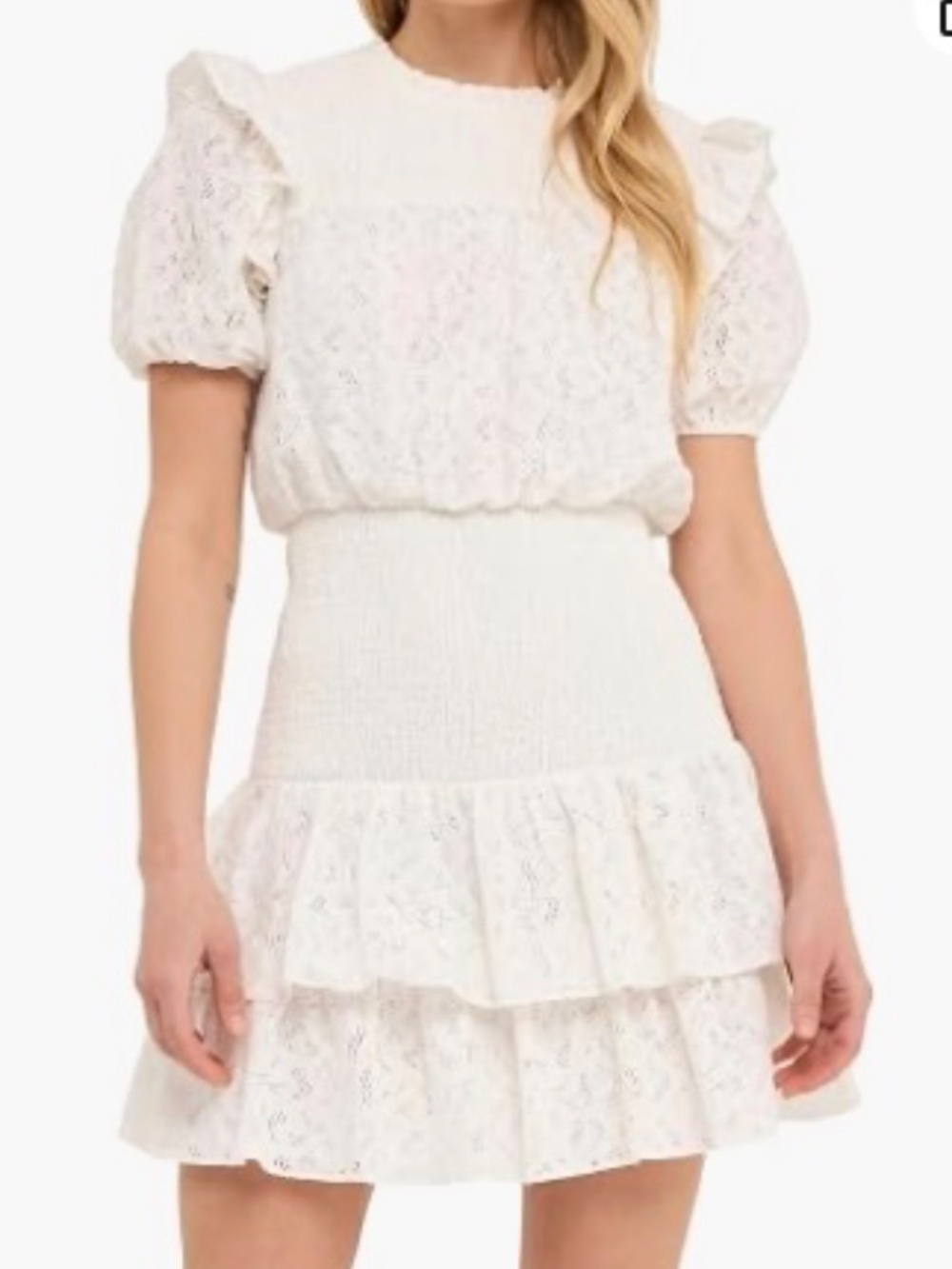 Endless rose White Smocked Lace Mini Dress